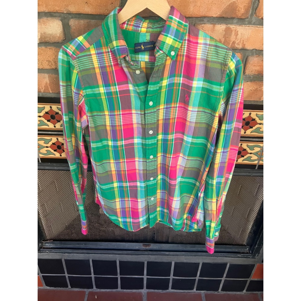 Ralph Lauren Tomboy  Preppy Plaid Button Up Lite Flannel 10 Pink Green - Picture 6 of 7